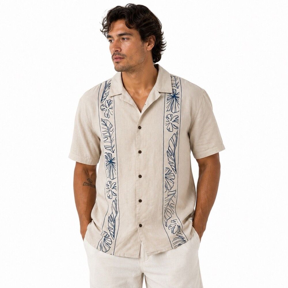 Rip Curl Linen Blend Shirt Men Sz L Floral Hawaiian Short Sleeve Button Up Aloha